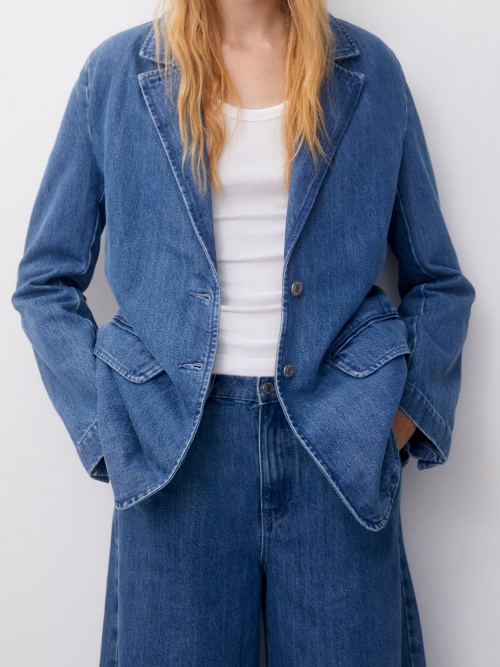 Pull&Bear Blue Denim Blazer Jacket Tailored Medium Wash Womens Small
